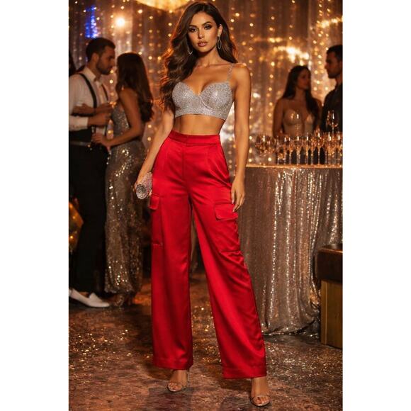 NWT Alex Marie Sandra Wide Leg Cargo Pants Size 14 Crimson Satin Holiday Red - Picture 1 of 12